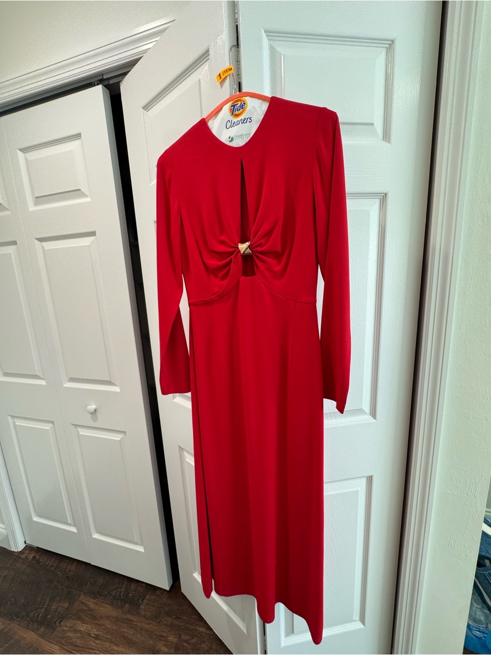 ANTONIO MELANI Red Long-Sleeve Twist Front Dress with Gold Accent